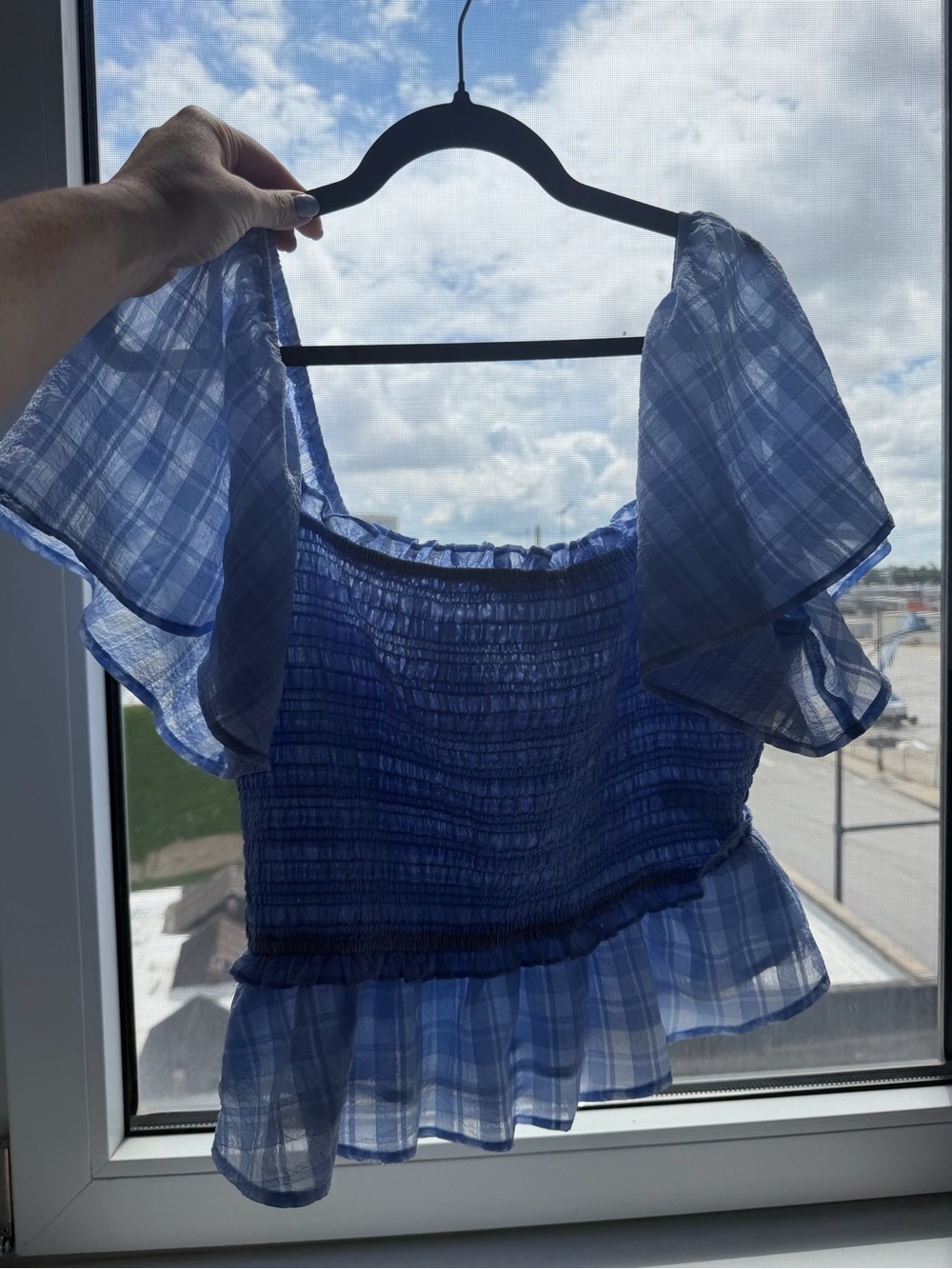 Astr Blue Plaid Smocked Off-Shoulder Crop Top